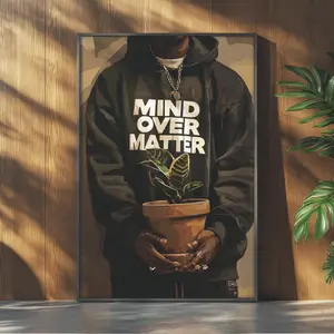 Black Man Mental Health "Mind Over Matter" Artistic Poster - Black Wall Art, Vintage Prints, Luxury Masculine Handprint Artwork, Long-Lasting Luster Paper Photo, Tape-Installable Wall Decor for Living Room Home Supplies