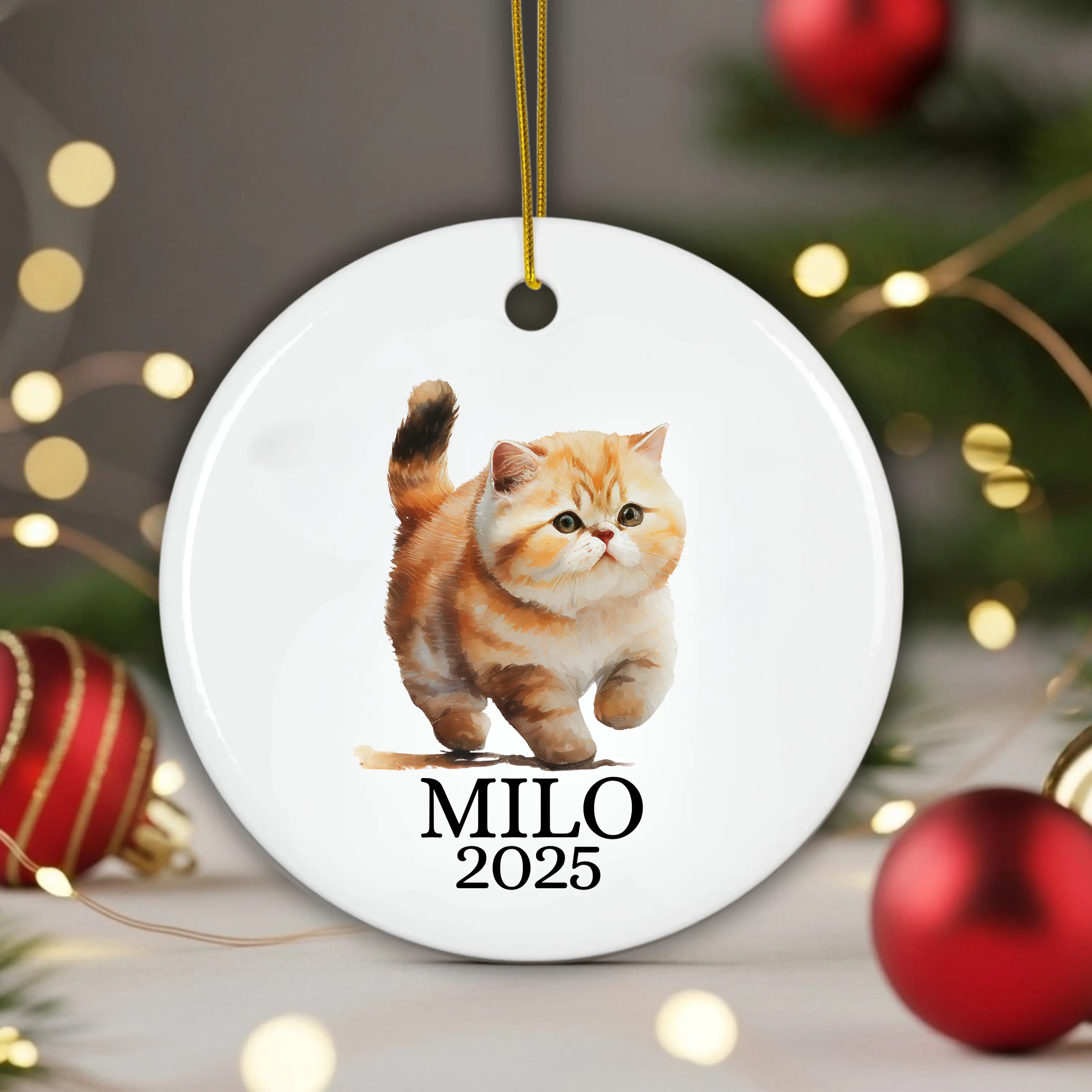 Personalized Cat Christmas Ornament - Ceramic Keepsake with a Fluffy Ginger Kitten Illustration, Custom Pet Name "MILO" & Year 2025 Decor.