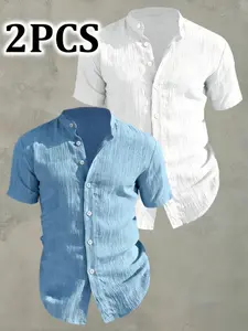 Men's Classic Casual Short Sleeve Button Shirt, Menswear Plain Non-Elastic Fabric, Slim Fit, Ideal for Tropical Beach, Vacation, Sports, Father's Day Gift
