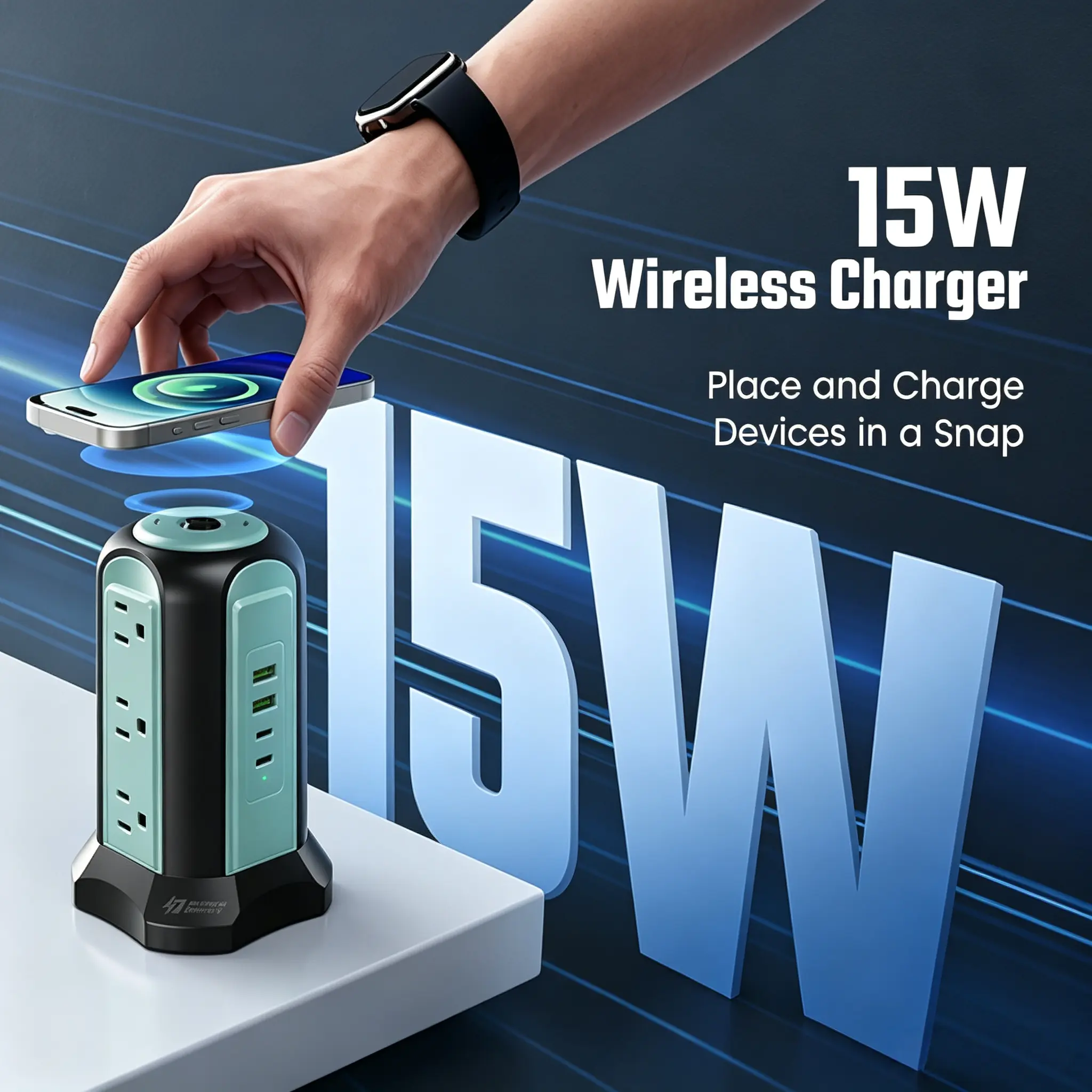 SUPERDANNY Power Strip Tower with Wireless Charger  9 Outlets  4 USB Ports 1 wireless charging 10A/1080J Surge Protection  8.8FT Extension Cord  Vertical Space Saving Design for Home Office Multiple Convenience
