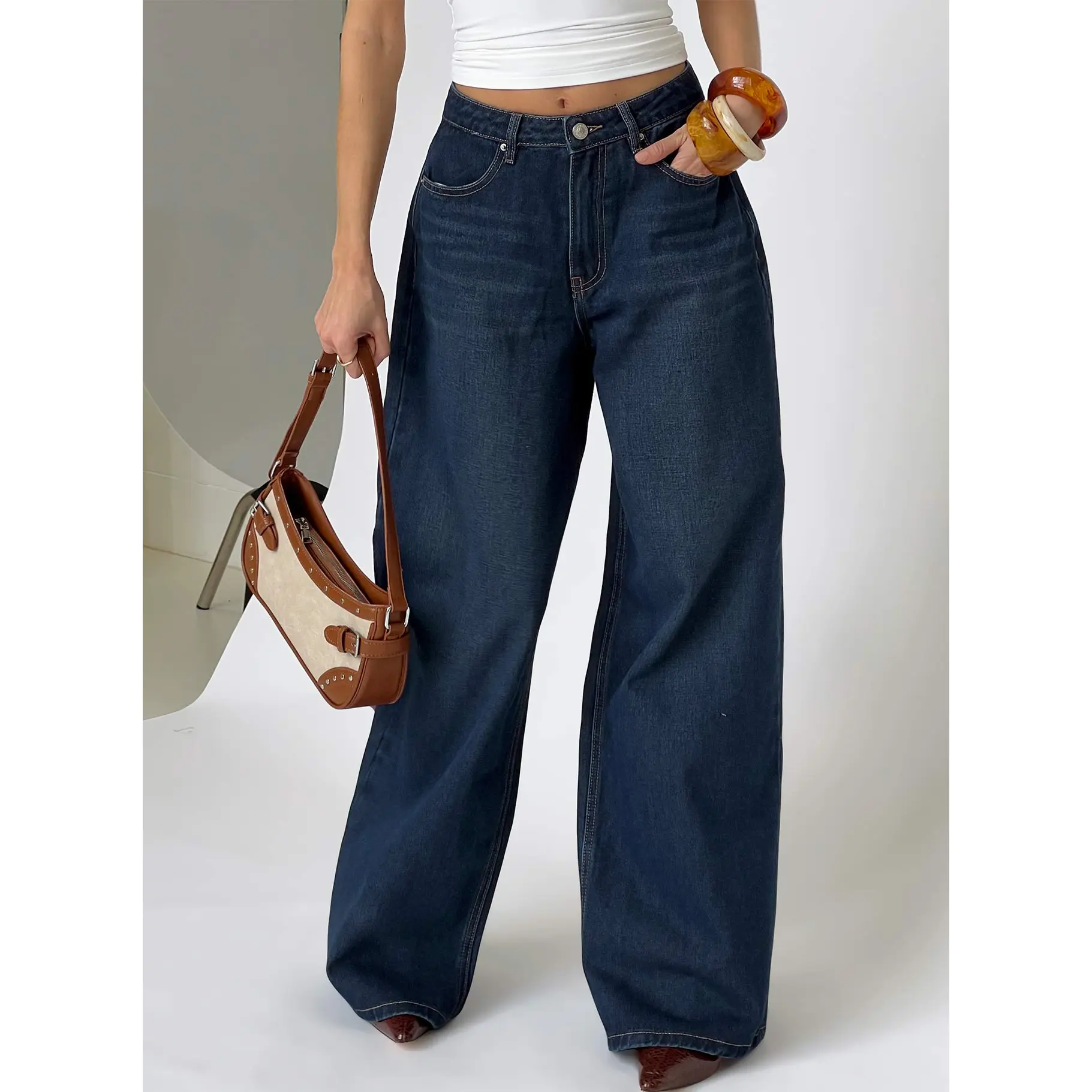 Naylor Mid Rise Wide Leg Jeans Mid Blue Denim