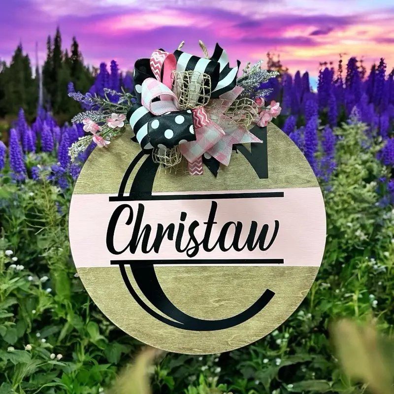 18 Inch Wooden Door Hanger with Personalized Name Christaw and Decorative Bows