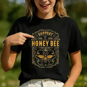 Support Your Local Honey Bee Graphic T-Shirt, Unisex White Crew Neck Short Sleeve, Retro Eco-Friendly Casual Top