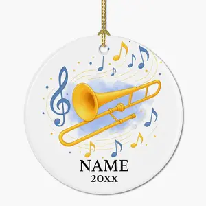 Personalized Vintage Trombone Christmas Round Ceramic Ornament - Festive Holiday Tree Decoration, Room Decor Gift for Trombone Players