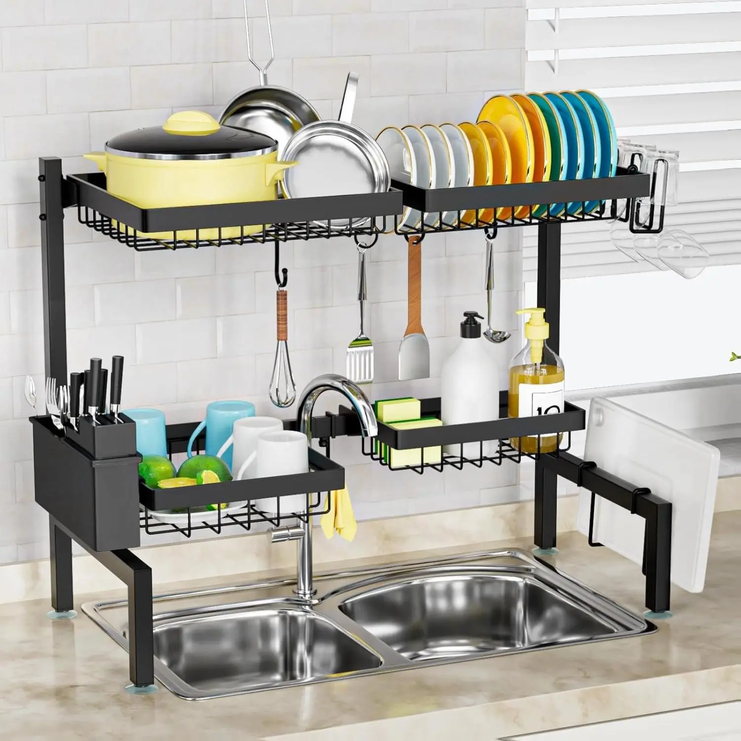 SNSLXH 2-Tier 4 Baskets Over The Sink Dish Drying Rack 24.8-35.4" Large Sink Rack for Kitchen Extensible Adjustable Saving Space Metal Storage