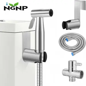 NGNP Toilet Shattaf Adapter Hose Bidet, Sprayer Stainless Steel Handheld Shower HeadFemale Flushing , Baby Cloth Diaper Washing - Wall Mount Bidet Dual-Nozzle