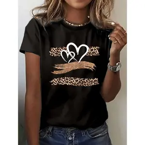 Mother S Day Cartoon Heart Print Short Sleeve Crew Neck Casual Top for Women