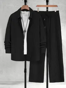 Men's All-Black Textured Drapey 2-Piece Casual Set - Long-Sleeve Button-Up Shirt + Drawstring Pants, Lightweight Breathable Fabric, Relaxed Oversized Fit, Minimalist Edgy Design, Perfect for Autumn/Winter Outdoor Strolls, Urban Café Meetups, Remote Work