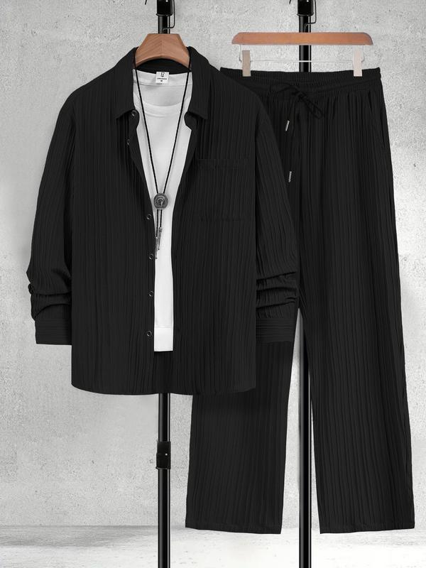 Men's All-Black Vertical Texture 2-Piece Casual Set - Long-Sleeve Button-Up Shirt + Elastic-Waist Pants, Lightweight Drapey Fabric, Relaxed Loose Fit, Minimalist Sophisticated Design, Perfect forOutdoor Brunch, Urban Office Commutes, Café Meetings & Casua