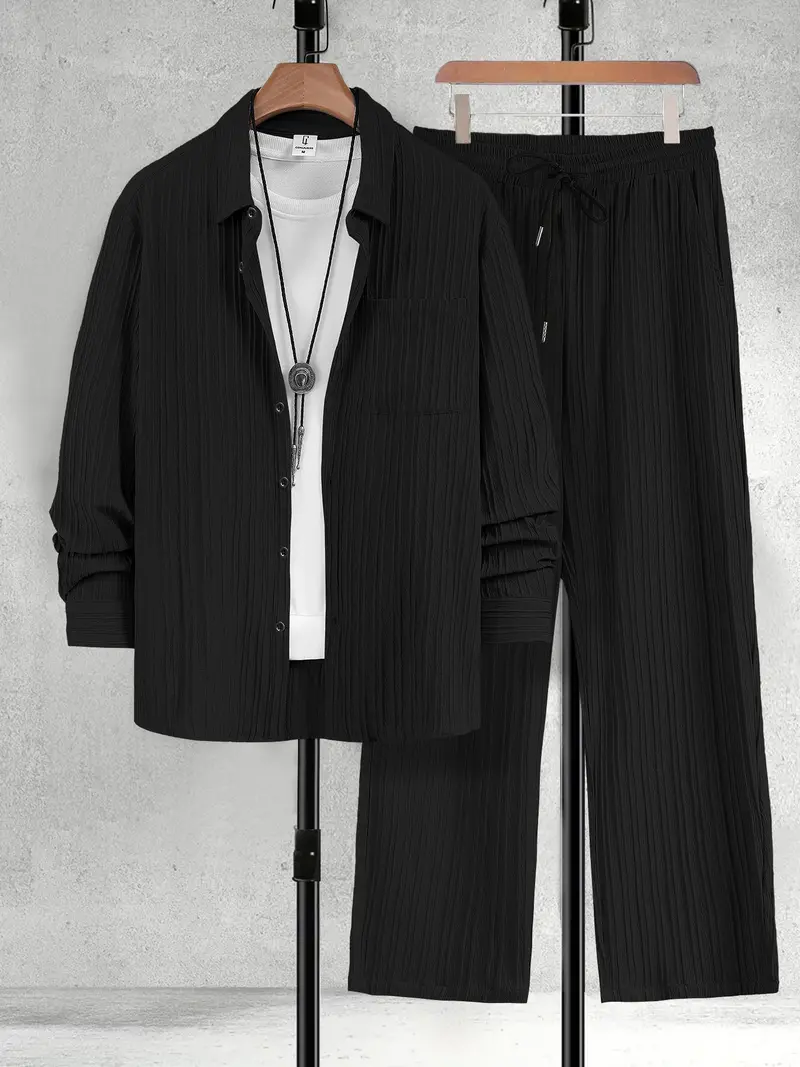 Men's All-Black Vertical Texture 2-Piece Casual Set - Long-Sleeve Button-Up Shirt + Elastic-Waist Pants, Lightweight Drapey Fabric, Relaxed Loose Fit, Minimalist Sophisticated Design, Perfect forOutdoor Brunch, Urban Office Commutes, Café Meetings & Casua