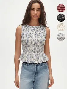 Summer Casual Sleeveless Round Neck Floral Plaid Print Top, Ruffled Hem Women's Shirt, Multi-Color Options, Daily Wear, Blouse
