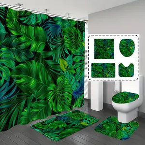 [Popular Choice]1pc/4pcs, bathroom curtains shower, bathroom set, shower curtains, bathroom rug, home decoration, bathroom mat, tortoise shell bamboo pattern, tropical plant theme decoration, bathroom set, with 12 hooks.
