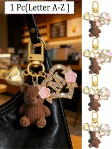 1 letter teddy bear keychain, hollow heart-shaped flower letter design, cute bear pendant charm suitable for handbags, wallets, backpacks, travel bags, decorative keychain suitable for gym, classroom, games, Stylish Keychain, Cute Charms Keychain
