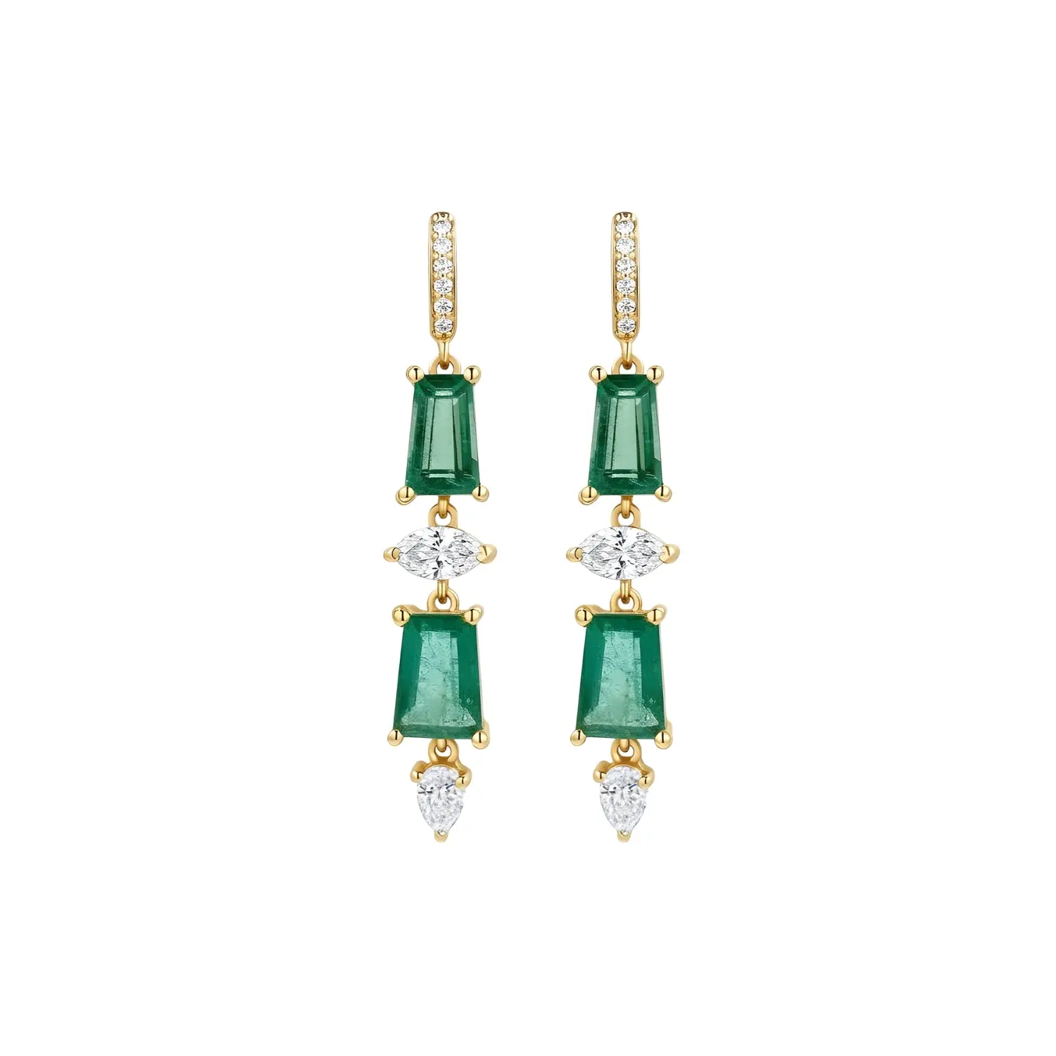 Emerald and Diamond Long Drop Earrings in 18K Yellow Gold
