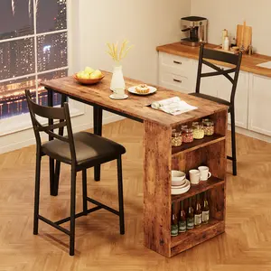 Space-Saving 3-Piece Extendable Bar Table and Chairs Set – Tall Kitchen Dining Set with PU Cushioned Stools, 3-Tier Storage Shelves – Home, Apartment, Restaurant – Grey/Black/Brown