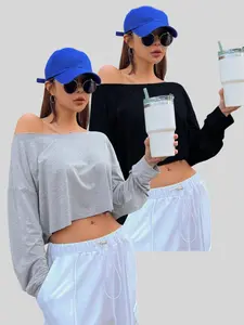 Women's Sexy Style Asymmetrical Shoulder Fashion Comfort Soft Solid Long Sleeve T-Shirt Two-Piece Set, Stylish and Comfy Casual Wear