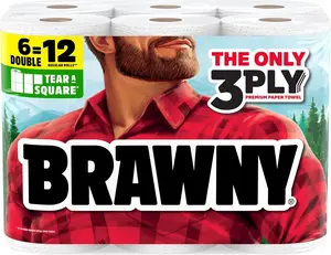 Brawny Tear-A-Square 3-Ply Paper Towels, 6 Double Rolls = 12 Regular Rolls, Strong, Absorbent, and Durable with 3 Sheet Sizes (Quarter, Half, Full)