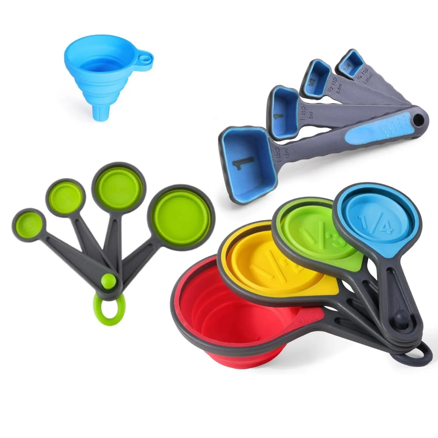 12-Piece Collapsible Measuring Cup & Spoon Set – Silicone Measuring Tools with Funnel, Engraved Metric/US Markings, Space-Saving BPA-Free Kitchen Gadgets