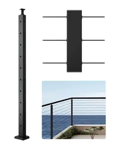 Cable Railing Post For Outdoor Deck, 36x1x2 Inch Corner Post With L-Shaped Pre-Drilled Holes, Stainless Steel Cable Railing Post With Horizontal And Curved Brackets, 1-Pack, Black Finish, Model 1JZLGZXHS914IVCFL001V0