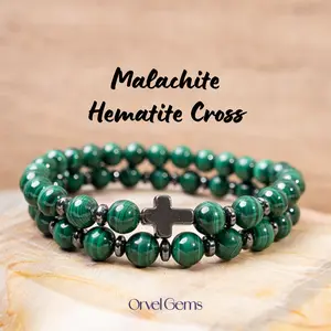 Protection Stone Bracelet with Hematite Cross - 6mm Gemstone Beads of Tiger's Eye, Lapis Lazuli, Black Onyx & Malachite | Spiritual Gift for Men, Women, Friends & Family for Halloween, Christmas, Thanksgiving | Crystal Healing Jewelry | Set of 2