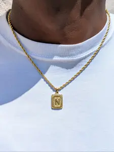 Men's Stainless Steel Necklace with Square Pendant and Initial Letter, Personalized A-Z Design, Rope Chain Jewelry, Fashion Accessory