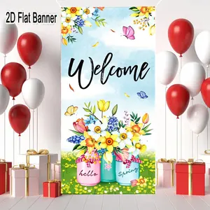 2D flat banner, 1pcSpring Welcome Backdrop with Colorful Flowers & Mason Jars, Spring Themed Party Decor for Easter/Brunch, Yellow Daffodils, Pink Tulips, Blue Hyacinths, Butterfly Decorgalentines party decor, valentine day decor, decorations for val