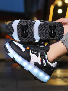 Unisex Kids Four-Wheel Roller Skates, New Wheel Shoes, Adjustable Rotating Buckle, PU Leather, LED Light, USB Charging
