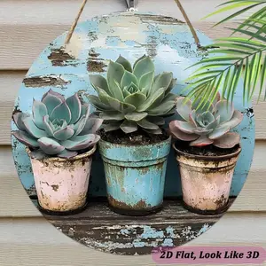 Rustic Succulent Plants Aluminum Sign, 1 Count Succulent Round Hanging Ornament, Wall Decoration for Home Office Classroom Garden Front Door Hanger