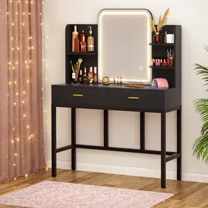 Small Makeup Vanity with 2 Storage Drawers and LED Lighted Mirror, Modern Vanity Desk with 3 Color Lighting Options and Storage Shelf for Bedroom