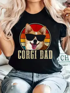 100% cotton Corgi Dog Corgi Dad Vintage Funny Dog T-Shirt Print T-Shirt, Casual Crew Neck Short Sleeved Summer Top graphic tees women
