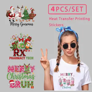 4PCS Christmas Heat Transfer Printing Stickers Set for T Shirts Merry Goosemas RX Pharmacy Tech Merry Christmas Bruh Design