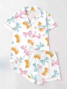 Luxurious Home Sleepwear Set, Macaron Color Bowknot Soft Teddy Bear Print Short Sleeve Shorts Cardigan Collar Women's Pajamas Two-Piece Suit