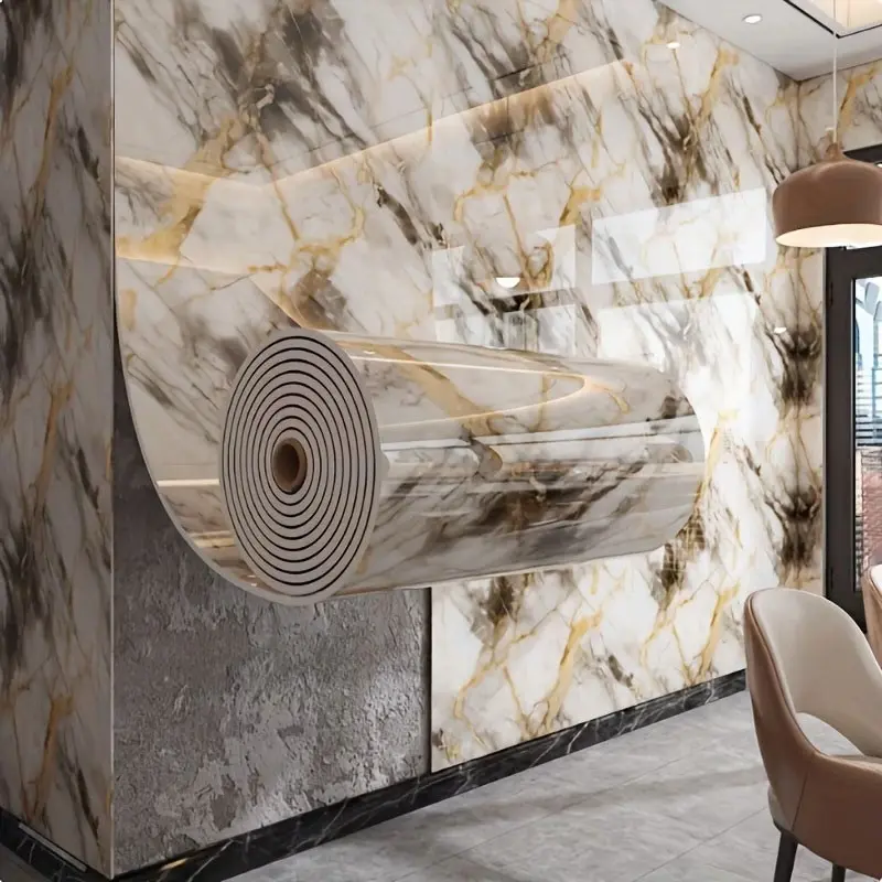 A roll of self-adhesive marble wallpaper resembling ceramic tiles, Bathroom Peel And Stick Wallpaper - waterproof and moisture-proof - for living room and bathroom renovation
