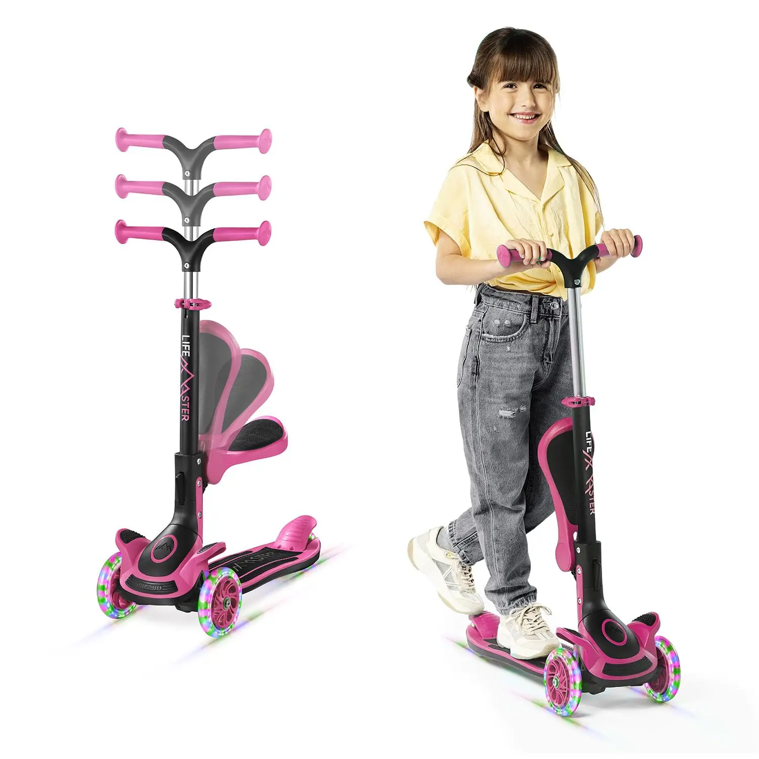Kids 3 Wheel Scooter with Foldable Seat Lean to Steer Adjustable Handlebar LED Wheels Anti Slip Deck Ages 2-8
