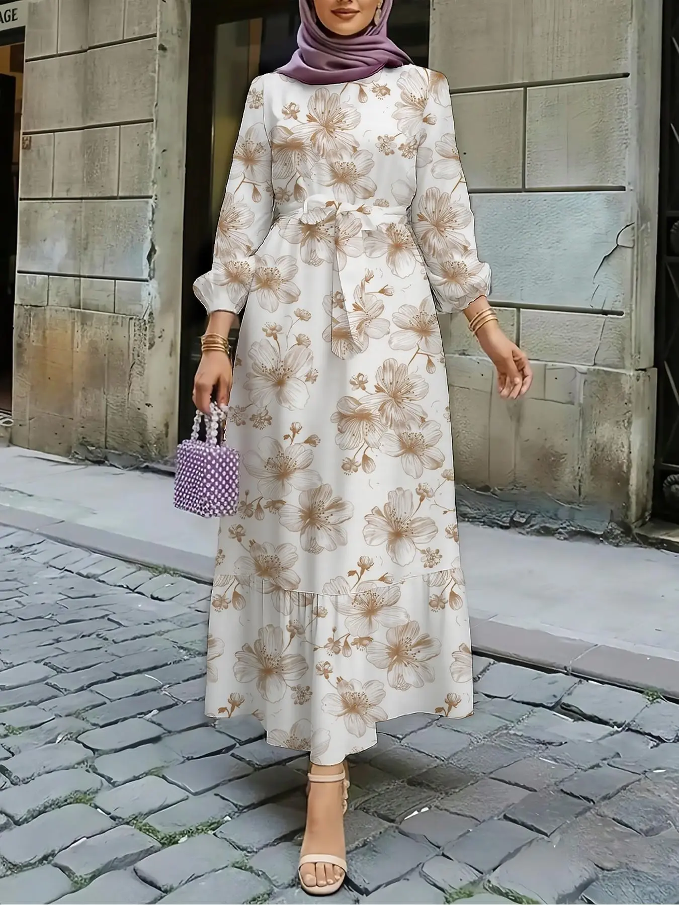 Elegant Women's Floral Print Dress, Elastic Waist Patchwork Hem, European and American Style, New Arrival, Arabic Design, Muslim Dresses, Modest Islamic Clothing