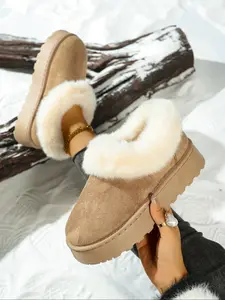 Women's Fashionable Fleece Lined Thick Sole Half Slippers, Plush Turn-Over Edge, One-Piece Design, Fall Winter Home/wear Denim