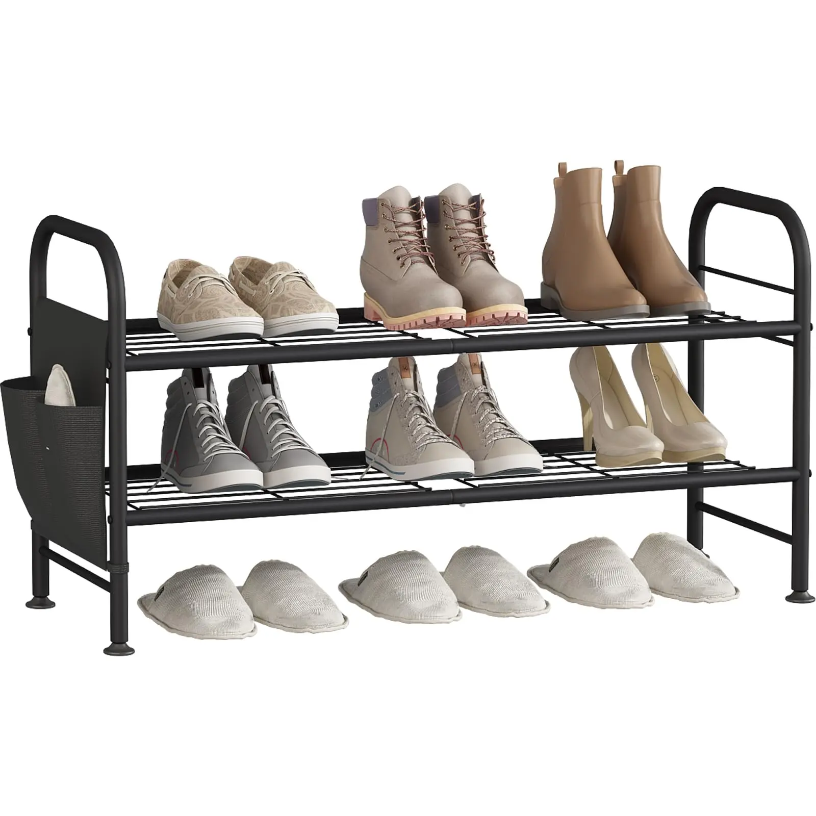 Freestanding Shoe Storage Rack - 3-Tier Durable Thick Metal Pipe Floor Organizer with Side Pockets, Multi-Size Rectangle Holder with Steady Base for Entryway, Office (2/4-Tier Options), Easy Assembly, Home Supplies