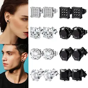 Men's and women's stainless steel earrings, silver black square earrings set, men's inlaid cubic zirconia 6MM