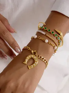 Classic 18K Gold-Plated White Rhinestone Bracelet Women's Fashionable U-shaped Pendant Bracelet Lady's Exquisite Tennis Bracelet Stainless Steel Jewelry Perfect Gift For Girlfriend Stackable Bracelets Elegant Jewelry Bracelet