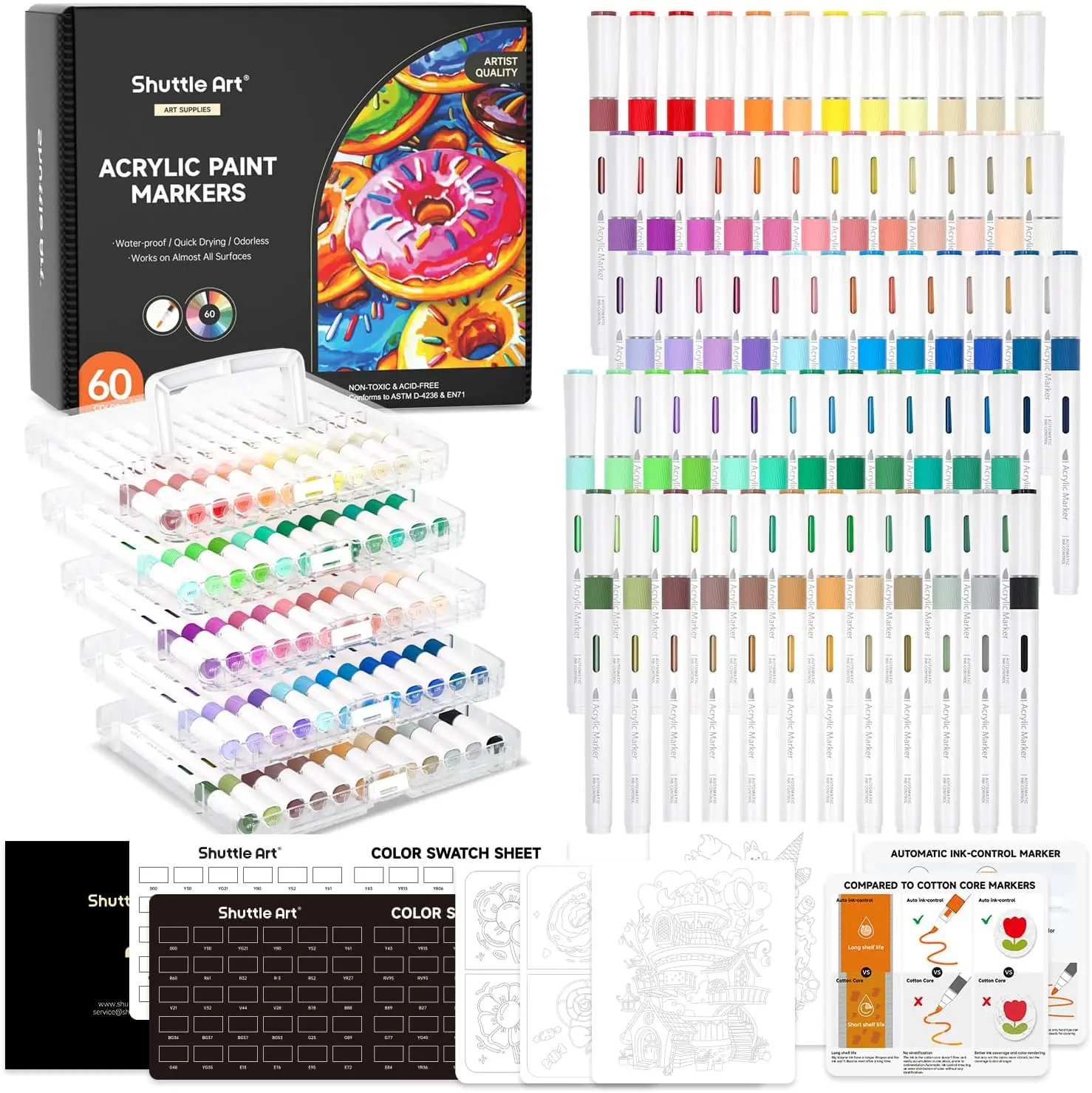 Shuttle Art Automatic Ink Control Acrylic Paint Markers, 24/36/60 Colors Brush Tip Acrylic Paint Pens for Rock Painting, Ceramic, Wood, Canvas, Glass, Stone, Fabric, Card Making, DIY & Art Supplies,modelpaintingmarkers,Pastel,Metallic,Storage Box, Craft