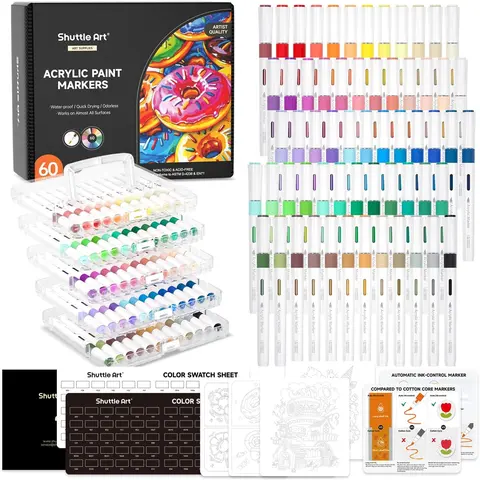 Shuttle Art Automatic Ink Control Acrylic Paint Markers, 24/36/60/96 Colors Brush Tip Acrylic Paint Pens for Rock Painting, Ceramic, Wood, Canvas, Glass, Stone, Fabric, Card Making, DIY & Art Supplies,modelpaintingmarkers,Pastel,Metallic,Storage Box,Craft