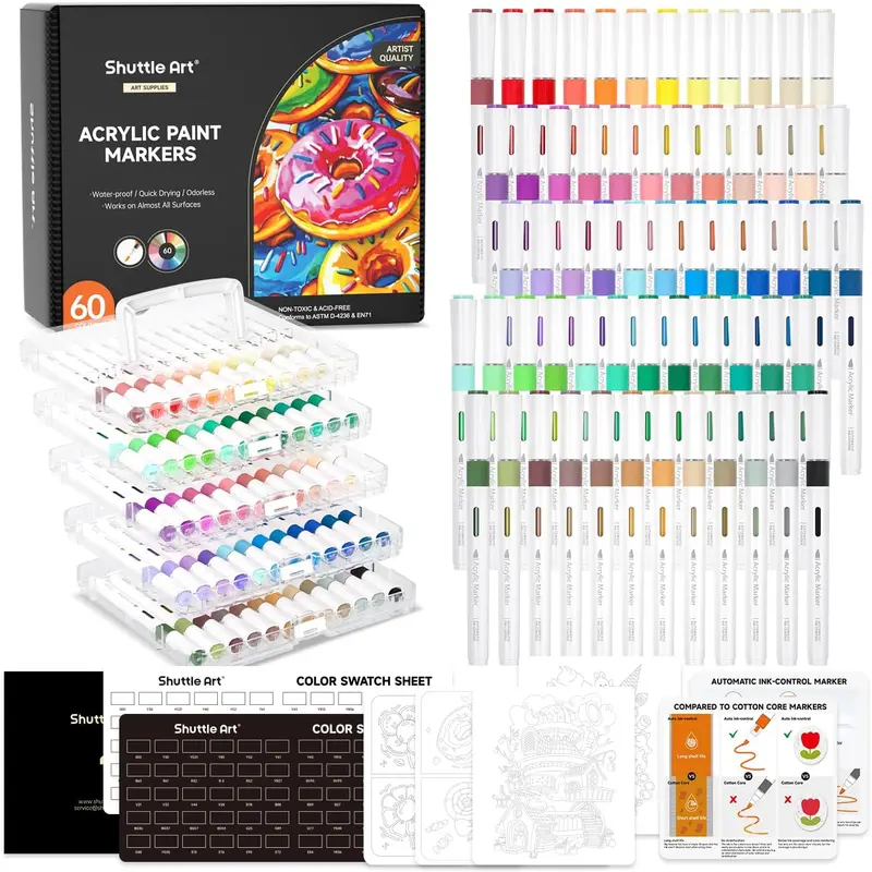 Shuttle Art Automatic Ink Control Acrylic Paint Markers, 24/36/60/96 Colors Brush Tip Acrylic Paint Pens for Rock Painting, Ceramic, Wood, Canvas, Glass, Stone, Fabric, Card Making, DIY & Art Supplies,modelpaintingmarkers,Pastel,Metallic,Storage Box,Craft