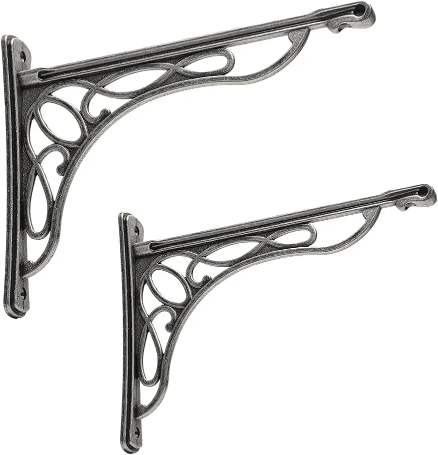 Old European Style Wall Mounted Cast Iron Shelf Brackets, 9.5in x 7.5in Vine Design, 2-Pack Silver Home Decor Shelves for Room Decor, Bracket Shelf Brackets
