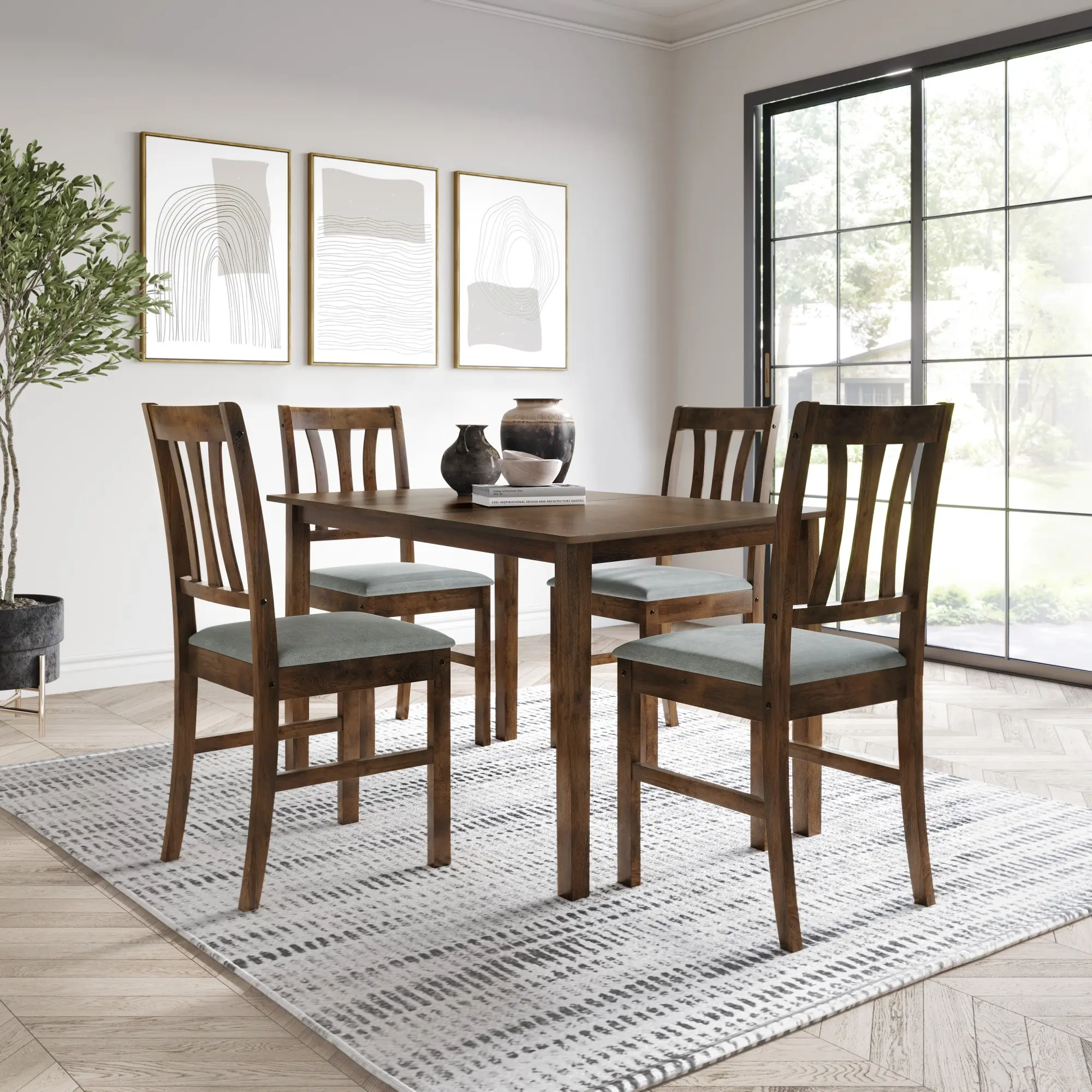 Favorer 5-Piece Denton Dining Room Table Set - Transitional Solid Wood Wooden Dining Set with 2-Tone Finish, Indoor Furniture