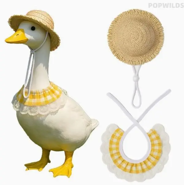 Country Chic Pet Costume Set for Ducks & Geese, 2-Piece Outfit with Yellow Plaid Bib and Frayed Straw Hat, Charming Look for Parties & Photoshoots, Lace Trim, Adds A Countryside Charm, Daily Decoration, Party Wear, Frayed Hat, Rustic Chic, Charm Boost, Ve