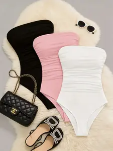 Women's Strapless Ruched Bodycon Jumpsuit Set, Solid Color Sleeveless Tube Top, Perfect for Summer Parties and Clubs