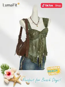 Vintage Print Tank Top Asymmetrical Hem Mesh Trim Slim Fit Lightweight Soft Fabric Elegant Casual Summer Beach Vacation Outfit Trendy Women Fashion Daily Wear