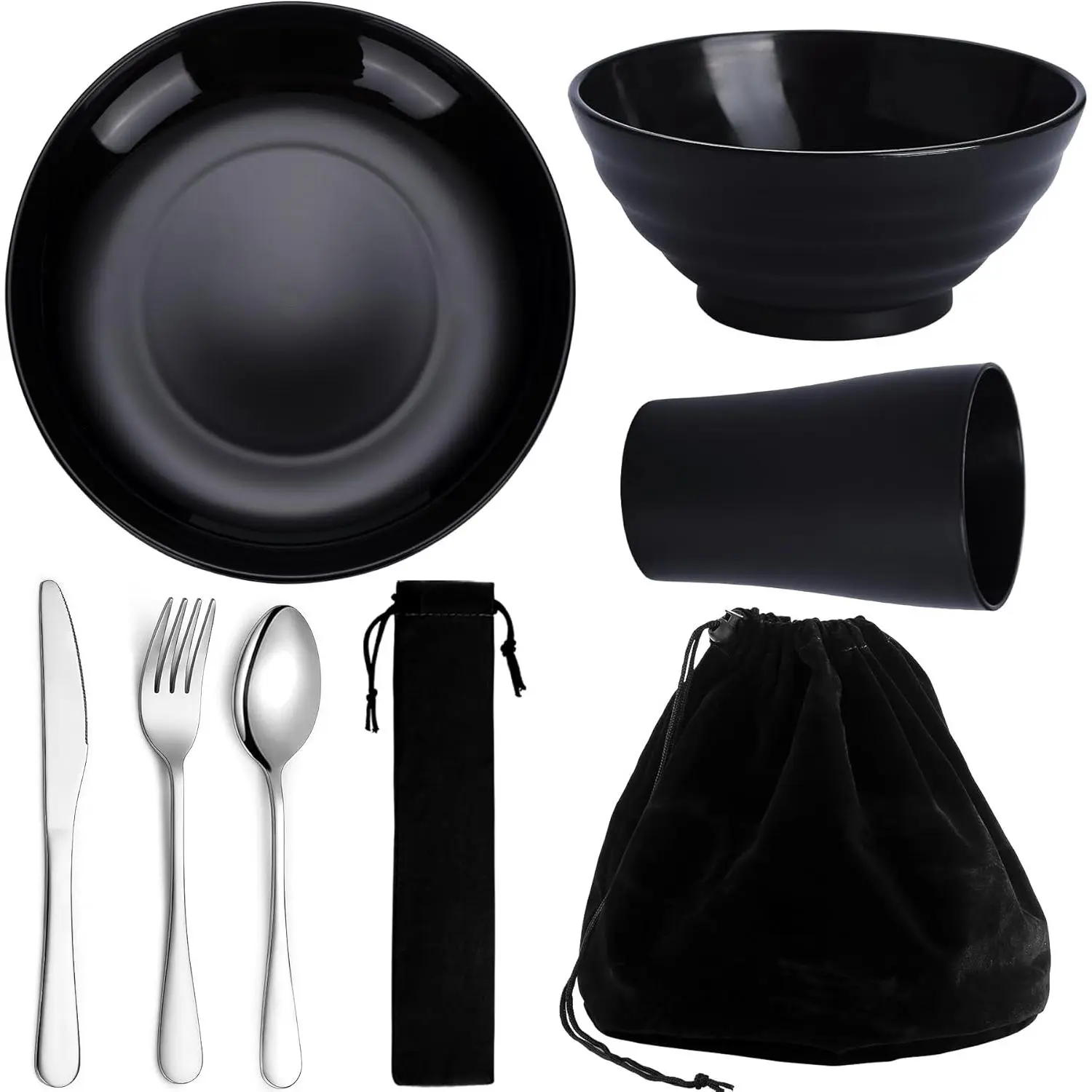 Camping Utensils, Portable Travel Silverware Set With  Light Weight Mug, Bowls and Plate, Stainless Steel Cutlery Set, Camping Mess Kit for 1 Person