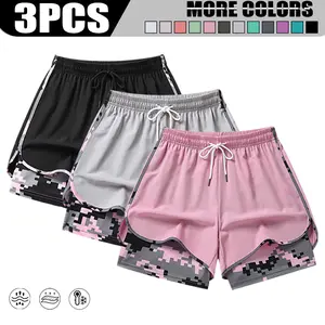 3-piece set, women’s casual athletic pants featuring a faux two-piece design, inner lining, and an elastic drawstring waist—suitable for casual wear and outdoor activities.