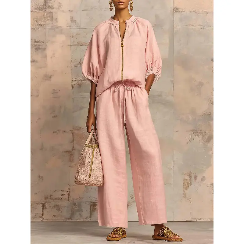 Women's 2-Piece Simple Athleisure Loungewear Set - Soft Fabric Half-Sleeve Quarter-Zip Pullover Top, Wide-Leg Pants for Lounge, Travel